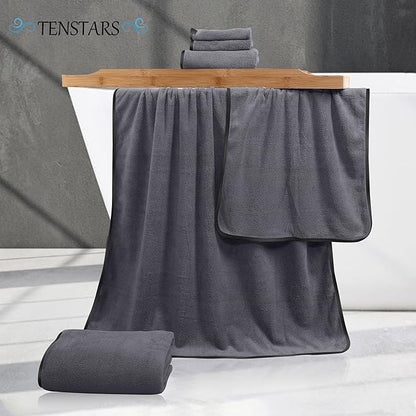 TENSTARS Luxury Silk Hemming Towel Set - Light Thin Quick Drying - 2 Bath Towels 2 Hand Towels 2 Washcloths - Ultra Soft Microfiber, for Bath Fitness, Sports, Yoga, Travel (Dark Grey 6 Pieces)