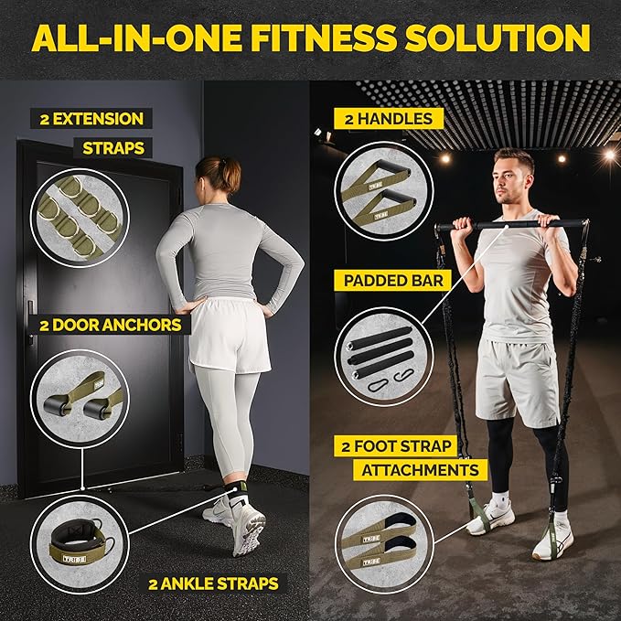Tube Resistance Bands for Working Out Men and Women - 180lb Exercise Bands Set with Handles, Resistance Band Bar, Ankle Straps, Foot Straps, Door Anchor for Home Gym Strength (Green Set with Bar)