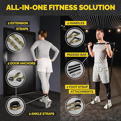 Tube Resistance Bands for Working Out Men and Women - 180lb Exercise Bands Set with Handles, Resistance Band Bar, Ankle Straps, Foot Straps, Door Anchor for Home Gym Strength (Green Set with Bar)