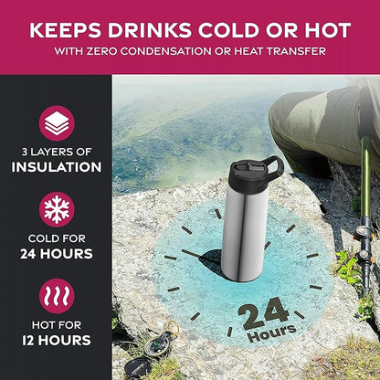 FineDine Triple Walled, Insulated Water Bottles with Straw - 25 Oz Stainless Steel Metal Bottle W/ 3 Leak Proof Lids - For Travel, School, Sports, Gym / Men, Women & Kids - Brushed Stainless Steel