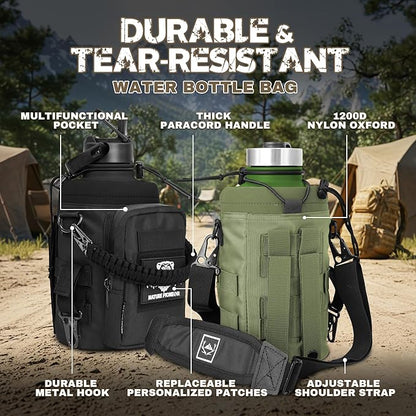 NATURE PIONEOR 64 oz Tactical Water Bottle Set, Stainless Steel Half Gallon Insulated Water Bottle with Tactical MOLLE Bottle Carrier Sleeve, for Outdoor Work, Gym, Hiking, Camping