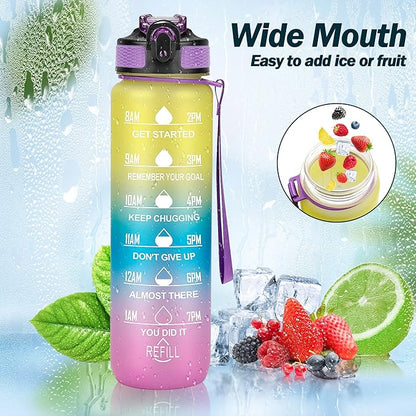 Motivational Water Bottle with Time Marker - 32oz, Leak-proof BPA Free Sports Water Bottles with Straw & Carrying Strap
