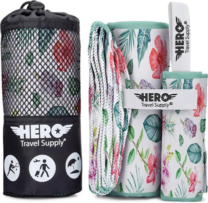 Hero Microfiber Towel, Camping, Beach, Gym, Includes Bonus Washcloth (Jungle Garden, 24" x 48")
