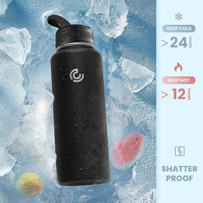 COKTIK 40oz Sports Water Bottle, Stainless Steel Water Bottle for Insulated, Reusable Travel Bottle, With Straw, With Handle Grip for Easy Carrying, Suitable for Cycling, Outdoor Vacations(Black)