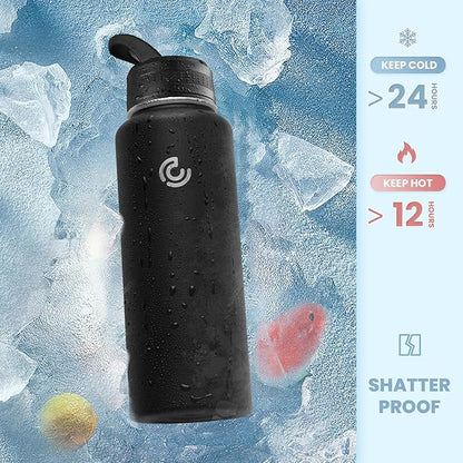 COKTIK 40oz Sports Water Bottle, Stainless Steel Water Bottle for Insulated, Reusable Travel Bottle, With Straw, With Handle Grip for Easy Carrying, Suitable for Cycling, Outdoor Vacations(Black)