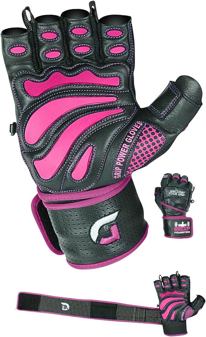 Grip Power Pads Leather Gym Gloves for Women – Built-in 2" Wrist Wraps, Pink Weightlifting, Powerlifting, Bodybuilding Workout