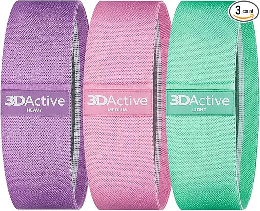3DActive Fabric Resistance Bands for Legs & Butt. Wide Non-Slip Hip Band Set for Home & Gym Workouts. Exercise Guide & Carry Bag Included.