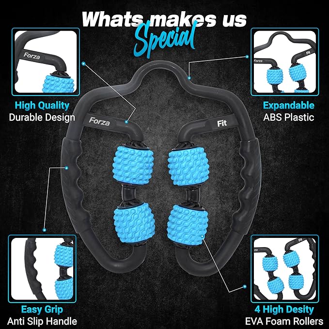 Forza Fit All-in-One 4-Wheel Massage Roller – Deep Tissue Relief for Legs, Arms, Neck & More | Ideal for Sore Muscles, Tendonitis, Carpal Tunnel & Cellulite Recovery (Blue & Black)