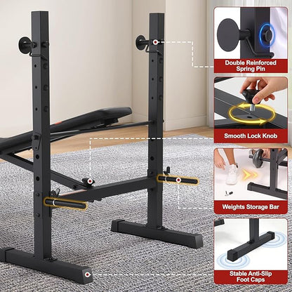 OPPSDECOR Multi-Function Weight Bench Set with Squat Rack Leg Extension & Leg Curl Adjustable Workout Bench for Full Body Fitness Foldable Flat/Incline/Decline Upgrade Bench Press for Home Gym