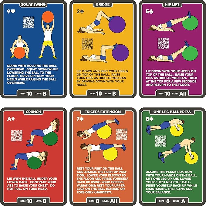 Stack 52 Exercise Ball Fitness Cards. Swiss Ball Workout Playing Card Game. Video Instructions Included. Bodyweight Training Program for Balance and Stability Balls.