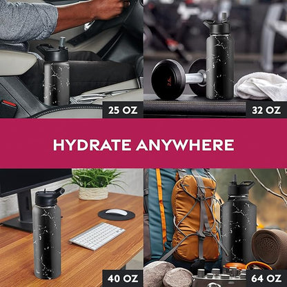 FineDine Triple Walled, Insulated Water Bottles with Straw - 25 Oz Stainless Steel Metal Bottle W/ 3 Leak Proof Lids - For Travel, School, Sports, Gym/Men, Women & Kids - Polished Raven Marble
