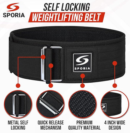 SPORIA Self-Locking Weight Lifting Belt | 4 inch Back Support | Includes Lifting Straps