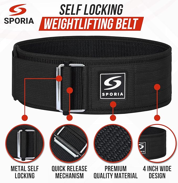 SPORIA Self-Locking Weight Lifting Belt | 4 inch Back Support | Includes Lifting Straps