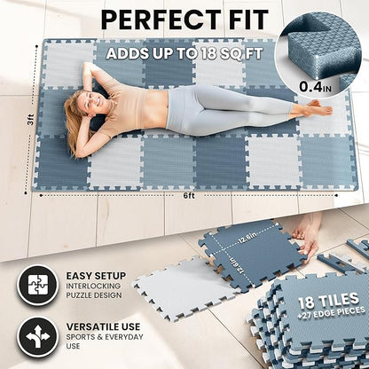 bemaxx Gym Mats Set - 18 pcs EVA Interlocking Foam Floor Tiles (12.6"x12.6"x0.4") 18sqft Protective Gym Flooring Sports Home Workout Exercise Mats Puzzle Garage Fitness Play-Room Pool Treadmill Bike