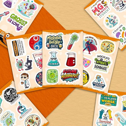 100Pcs Funny Microbiology Vinyl Stickers for Water Bottle, Laptop -Nerd Biology Stickers - Microbiology Gifts, Party Supplies - Gift for Women & Men