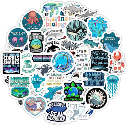 BulbaCraft Marine Biology Stickers for Water Bottle and Laptop - Marine Biology Party Supplies & Decorations, Waterproof Vinyl Decals, Ocean Stickers, Gifts for Women & Men