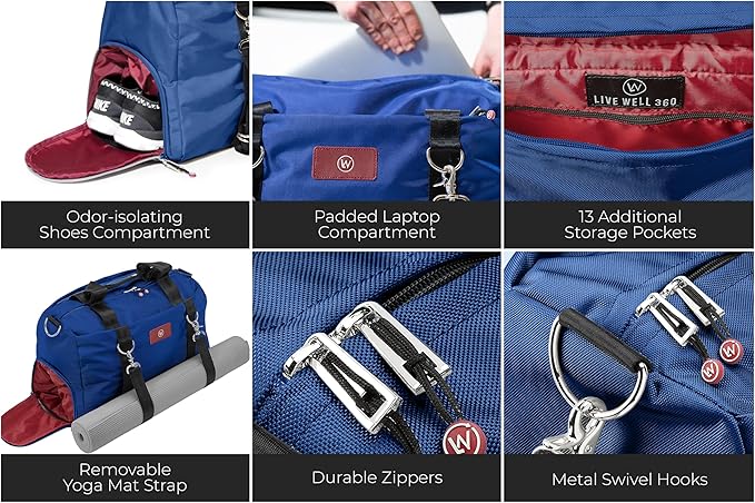 Live Well 360 Gym Duffel Bag for Men or Women – Bag with Shoe, Laptop & Wet Compartment - Perfect Sports or Workout Shoulder Bag with Multiple Compartments – CrossFit, Yoga, Boxing - THE LUXX