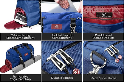 Live Well 360 Gym Duffel Bag for Men or Women – Bag with Shoe, Laptop & Wet Compartment - Perfect Sports or Workout Shoulder Bag with Multiple Compartments – CrossFit, Yoga, Boxing - THE LUXX
