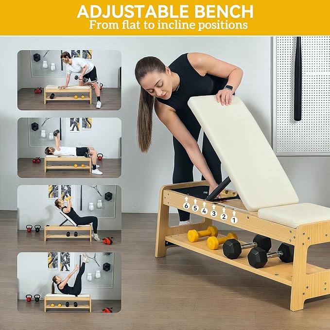 Soozier Adjustable Weight Bench with Dumbbell Rack, Wooden Workout Bench, Flat or Incline Bench for Home Gym Weight Lifting Training