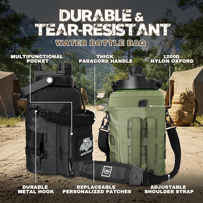 NATURE PIONEOR 1 Gallon Tactical Water Bottle Set, Stainless Steel 128 oz Sport Water Bottle with Tactical MOLLE Bottle Carrier Sleeve, for Outdoor Work, Gym, Hiking, Camping