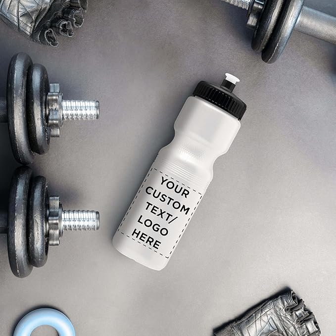 DISCOUNT PROMOS 28 oz. Custom Push Cap Plastic Water Bottles Set of 10/50/100, Personalized Bulk Pack - Perfect for Gym, Hiking, Camping, Outdoor Sports - White