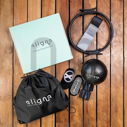 Aligna Pilates Essential Kit | Complete Home Set for Balance, Flexibility & Strength | 8-Piece Set with Pilates Ring, Softball, Resistance Bands, Ankle Weights, Yoga Socks & Carry Bag