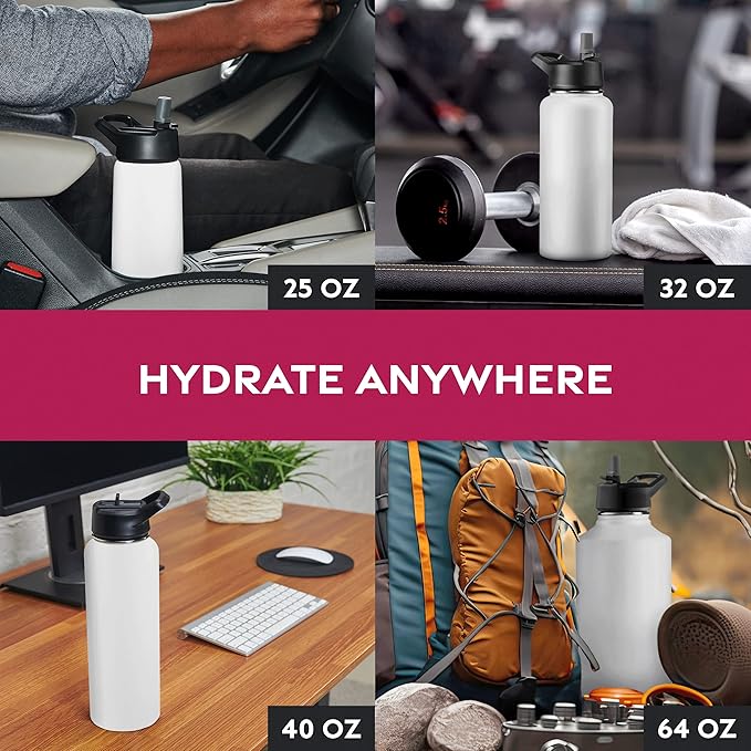 FineDine Triple Walled, Insulated Water Bottles with Straw - 40 Oz Stainless Steel Metal Bottle W/ 3 Leak Proof Lids - For Travel, School, Sports, Gym/Men, Women & Kids - Pure Pearly White