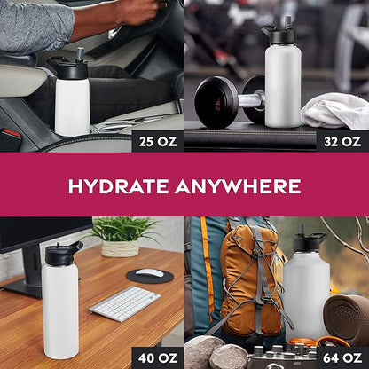 FineDine Triple Walled, Insulated Water Bottles with Straw - 32 Oz Stainless Steel Metal Bottle W/ 3 Leak Proof Lids - For Travel, School, Sports, Gym/Men, Women & Kids - Pure Pearly White