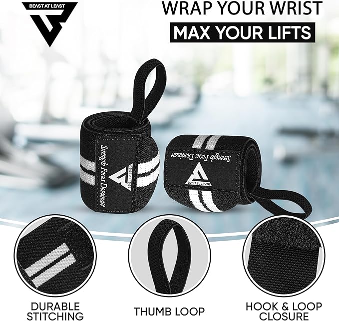 Weight Lifting Wrist Wraps – 18” Cotton Wrist Support with Thumb Loop – Gym Straps for Workout Powerlifting Weightlifting Fitness Strength Training, Stiff Wrist Straps