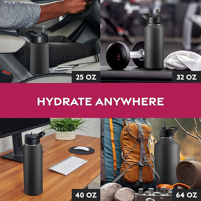 FineDine Triple Walled, Insulated Water Bottles with Straw - 40 Oz Stainless Steel Metal Bottle W/ 3 Leak Proof Lids - For Travel, School, Sports, Gym/Men, Women & Kids - Inky Raven Black