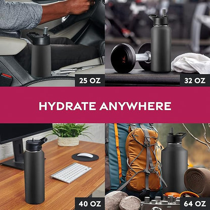 FineDine Triple Walled, Insulated Water Bottles with Straw - 40 Oz Stainless Steel Metal Bottle W/ 3 Leak Proof Lids - For Travel, School, Sports, Gym/Men, Women & Kids - Inky Raven Black