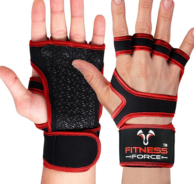 FITNESS FORCE Ventilated Weightlifting Gloves Workout Gloves for Men & Women with Built-in Wrist Wraps Fingerless Gym Gloves for Men Perfect for Exercise Fitness, Weight Lifting, Cross Training