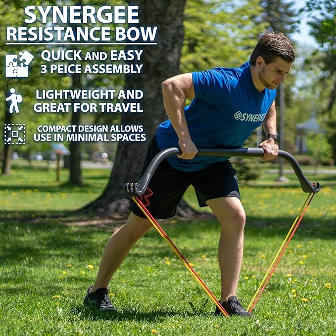 Synergee Resistance Bow. Portable Home Gym with Resistance Bands and Bar System. Collapsible Resistance Bar with Handles. Full Body Workouts for Home, Travel or Outdoors.
