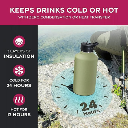 FineDine Water Bottle - Stainless Steel Insulated Water Bottle with Straw Lid, Flip Lid & Wide-Mouth Cap - Keeps Hot and Cold - 64 Oz / 1.89L - Army Green