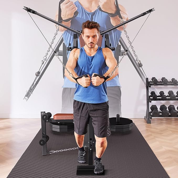 Multi Functional Home Gym Machine, All in One Compact Fitness Station with Pulley System for Shoulder, Leg, LAT Pulldown and Rowing, Space Saving Plate Loaded Strength Training Equipment