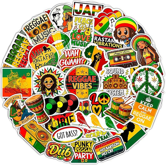 100Pcs Reggae Stickers and Decals for Adults for Water Bottle & Laptops - Rasta Stickers, Jamaica Band Decals - Bob the King of Reggae Gifts for Men & Women