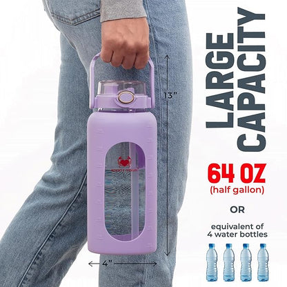 64 Oz Water Bottle with Time Marker & Straw - Violet Pregnancy 2 Liter Glass Water Bottles with Measurements - Daily intake bottle - Leakproof Borosilicate jug