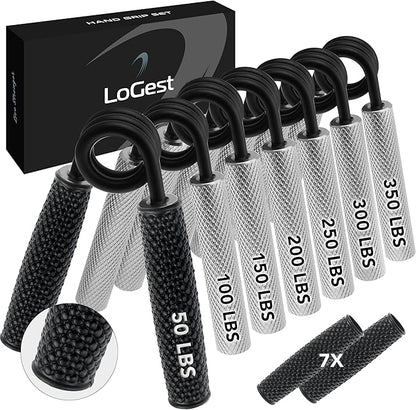 7 Pack Logest Metal Hand Grip Set, 50LB-350LB 7 Levels No Slip Heavy-Duty Grip Strengthener with Gift Box, Great Wrist & Forearm Hand Exerciser, Home Gym, Hand Gripper Grip Strength Trainer