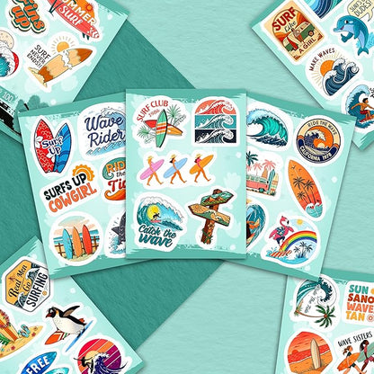 100Pcs Surf & Wave Stickers for Laptop, for Water Bottles, Surfing Stickers - Surfing Gifts for Surfers - Surf Party Supplies & Decoretions - Gift for Women & Men