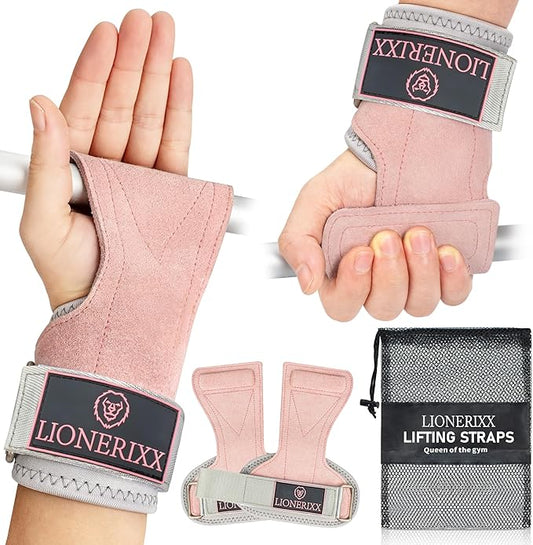 Pink Wrist Straps for Weightlifting Women - Dual Layer Leather Workout Grips for Deadlift and Powerlifting – Non-Slip Hand Wraps for Weight Lifting with Storage Bag