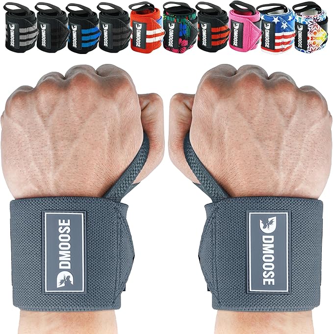 DMoose Fitness Wrist Wraps for Weightlifting 18" - Heavy Duty Gym Wrap with Hand Thumb Loop for Support & Pain Relief, USPA Approved Powerlifting, Weight Lifting Wrist Straps for Men & Women Work Out