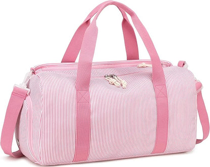 Gym Bag Sports Duffle Bag with Wet Pocket Weekender Overnight Bags with Shoe Compartment for Girls Kids Women Dance Workout Travel Bags (Pink Stripe)