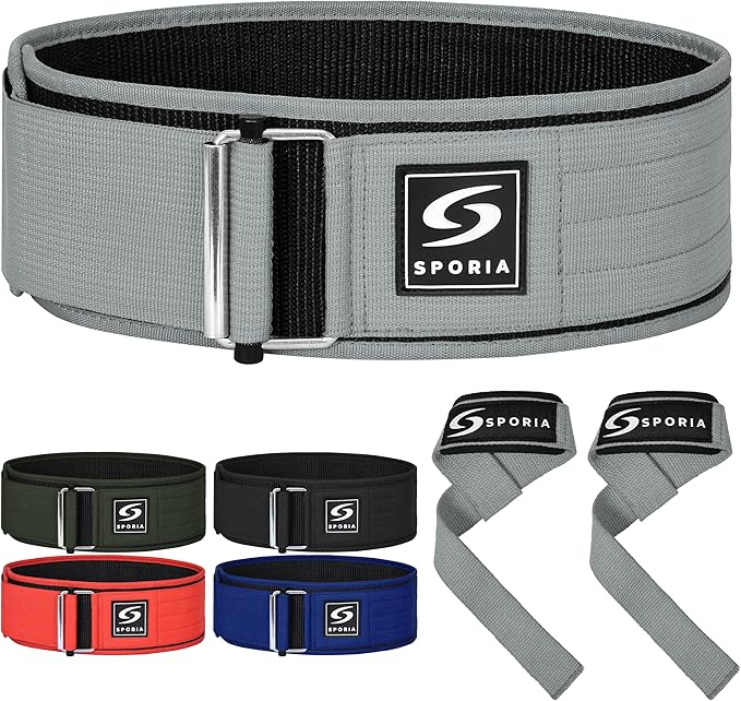 SPORIA Self-Locking Weight Lifting Belt | 4 inch Back Support | Includes Lifting Straps