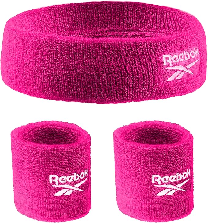 3pc Unisex Athletic Sweatband Set - 2.25in Workout Headband & 3.25in Wristbands w/Stay Dry Technology, Terry Cloth Band Moisture-Wicking Fabric | Quality Fitness Accessories for Active Comfort-Reebok