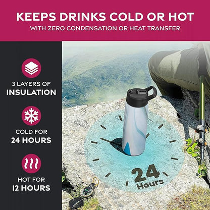 FineDine Water Bottle - Stainless Steel Insulated Water Bottle with Straw Lid, Flip Lid & Wide-Mouth Cap - Keeps Hot and Cold - 25 Oz / 739ml - Exquisite Blue Marble