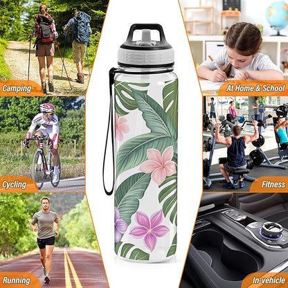 Burbuja Hawaiian Floral Palm Leaf 32 oz Water Bottle with Straw Lid, Leakproof & BPA Free Tritan Bottle for Gym Fitness Outdoor Sports