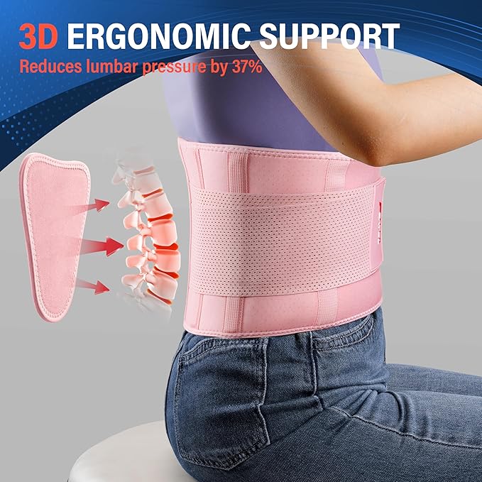 FEATOL Back Brace for Lower Back Pain, Breathable Back Support Belt for Women & Men with Lumbar Pad, Lumbar Support Belt for Heavy Lifting & Work, Pink, 5XL (Circumference:68-74.8")