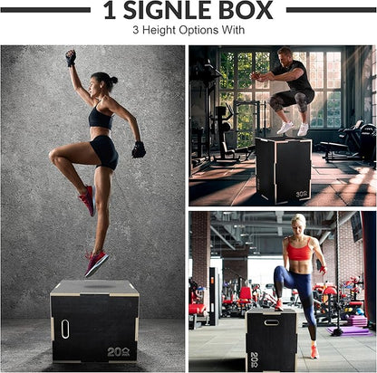 Fitvids 3 in 1 Non-Slip Wooden Plyo Box Jump Exercise Platform, Plyometric Workout Equipment for Home Gym, Training Step Box, Black, Multiple Sizes