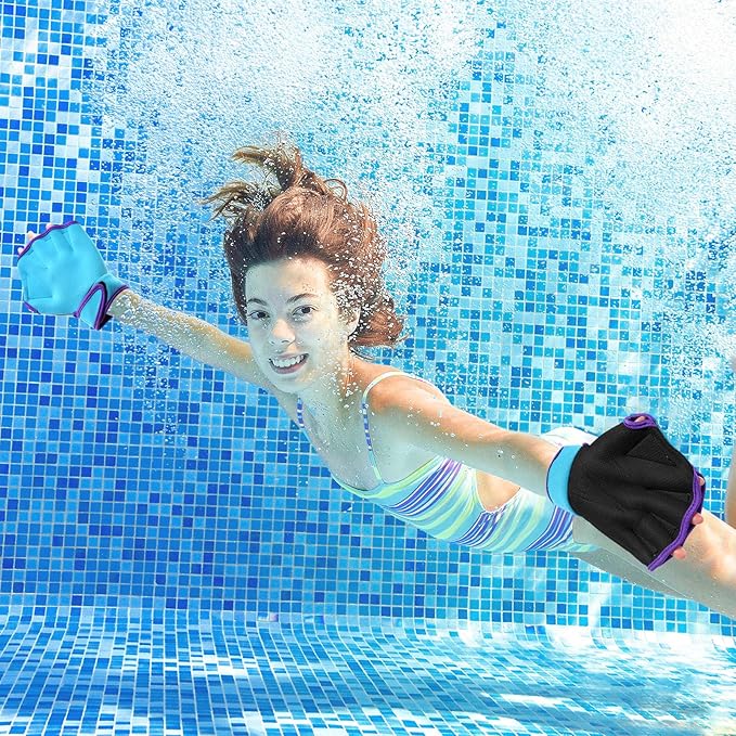 Sumind 2 Pairs Swimming Gloves Aquatic Training Gloves Neoprene Mittens Webbed Fitness Water Aerobics Resistance Training for Women Men Swimming Diving(Medium,Light Blue, Purple)