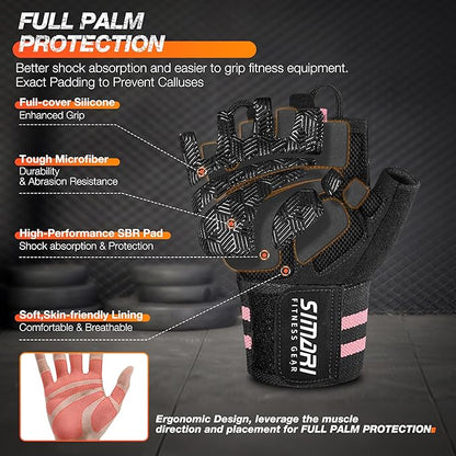 SIMARI Workout Gym Gloves for Men Women, Weight Lifting Gloves with Wrist Wrap Support, SBR Pad Grip for Full Palm Protection, for Exercise, Fitness, Dumbbells, Barbell, Climbing, Fingerless